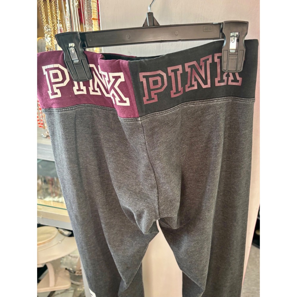Victorias Secret PINK Yoga Leggings Charcoal Grey Burgundy Waistband Logo Large